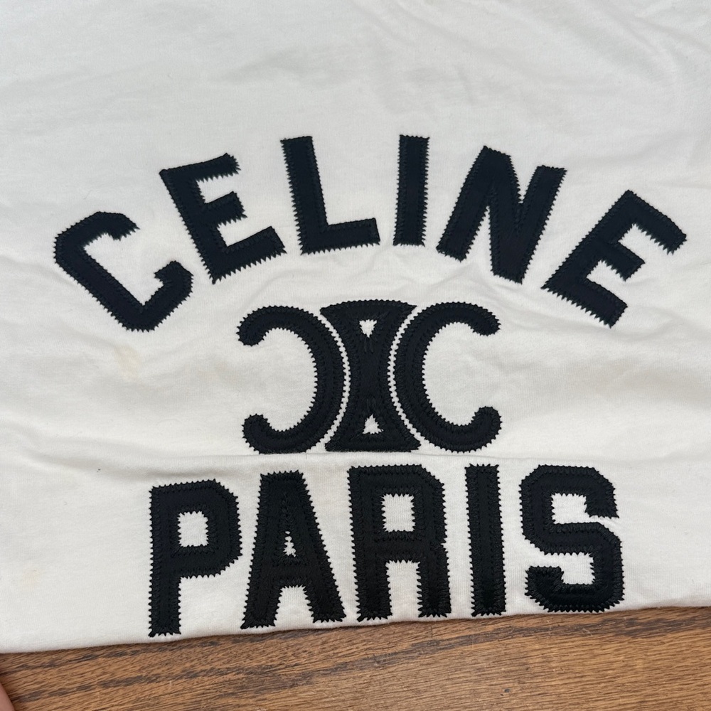 Celine White Logo Tee with Black Embroidered Paris Graphic - Picture 7 of 8